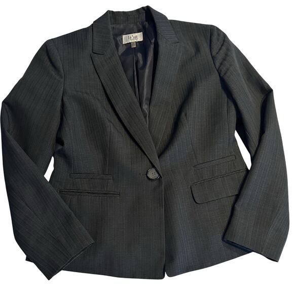 Le Suit Set Womens Sz 6 Petite Black Pinstripe Blazer Straight Trousers 2 Piece - Picture 2 of 12
